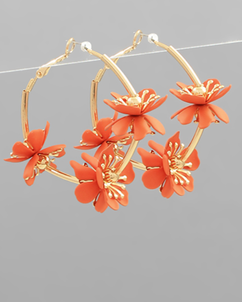 Orange Floral Gold Hoops