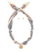 rust, blue & cream Scarf Necklace w/ Compass Charm