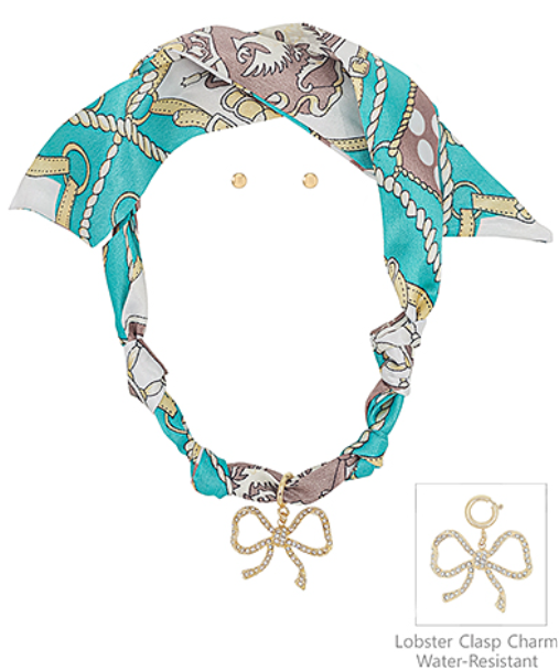 Teal/Gray Scarf Necklace Bow Charm