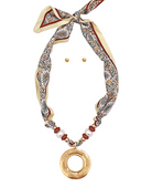 Cream/Rust Scarf Necklace Round Pendant
