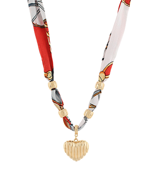Puffy Heart Charm Red Scarf Necklace