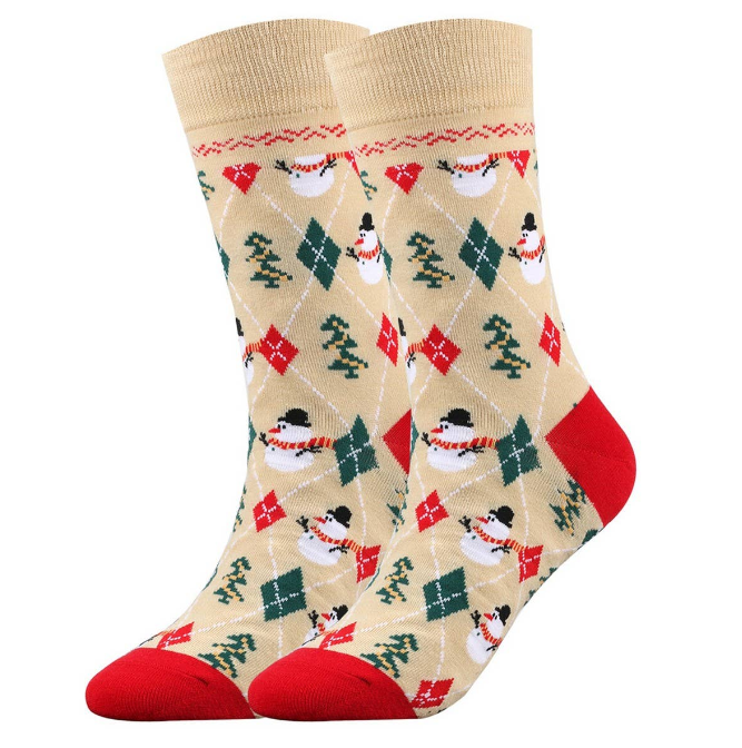 Cream colored socks with Christmas Trees & Snowmen on an argyle print Argyle Sock