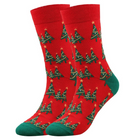 Red socks with Christmas tree designs.  Green toes & heels