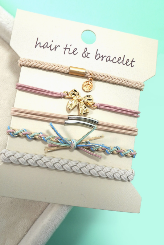 Cream, light blue, & pink Boho Bracelet/Hair Tie with gold  charms