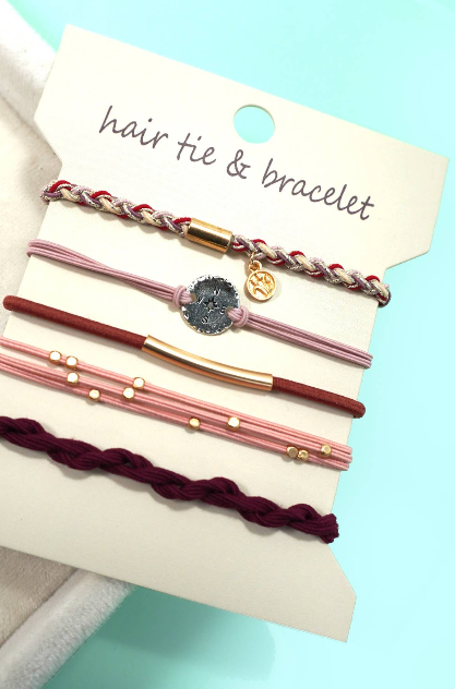 Rose & Burgundy mixed colors Boho Bracelet/Hair Tie set of 5