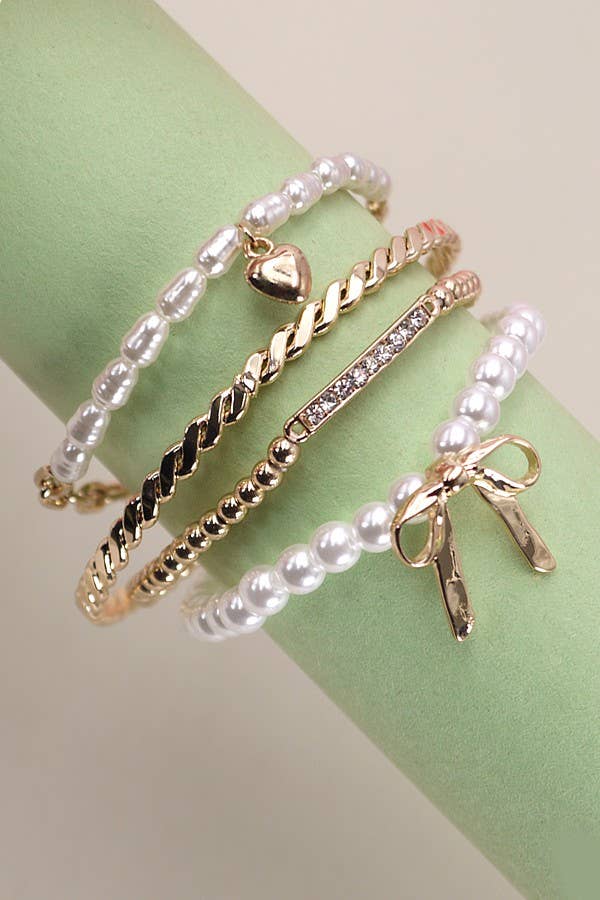 Pearl and Gold Bow Bracelet Stack
