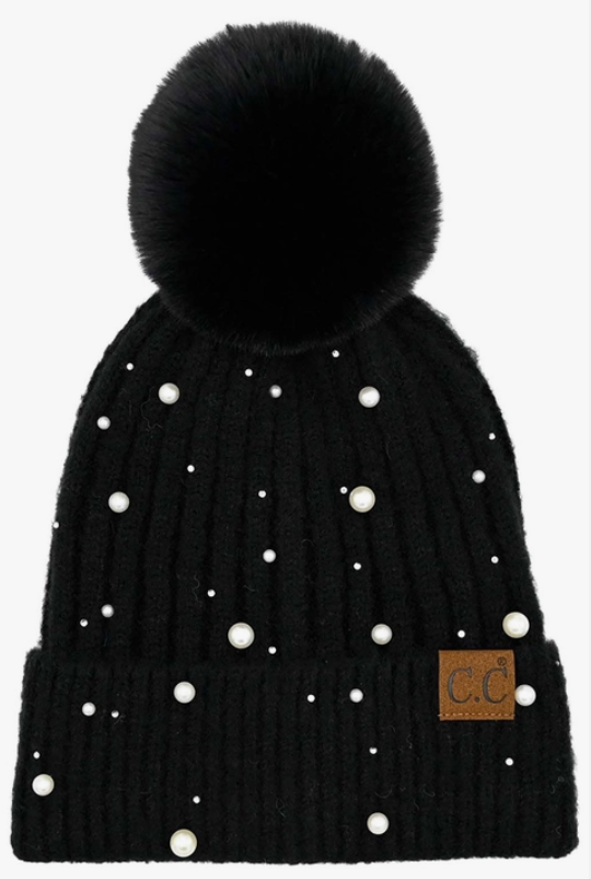 Black Pom beanie adorned with pearl embellishments