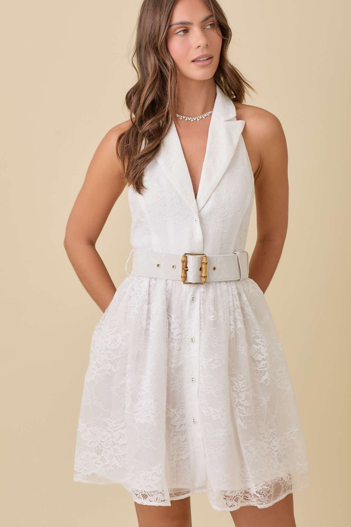 White Lace Halter Tuxedo Belted Dress