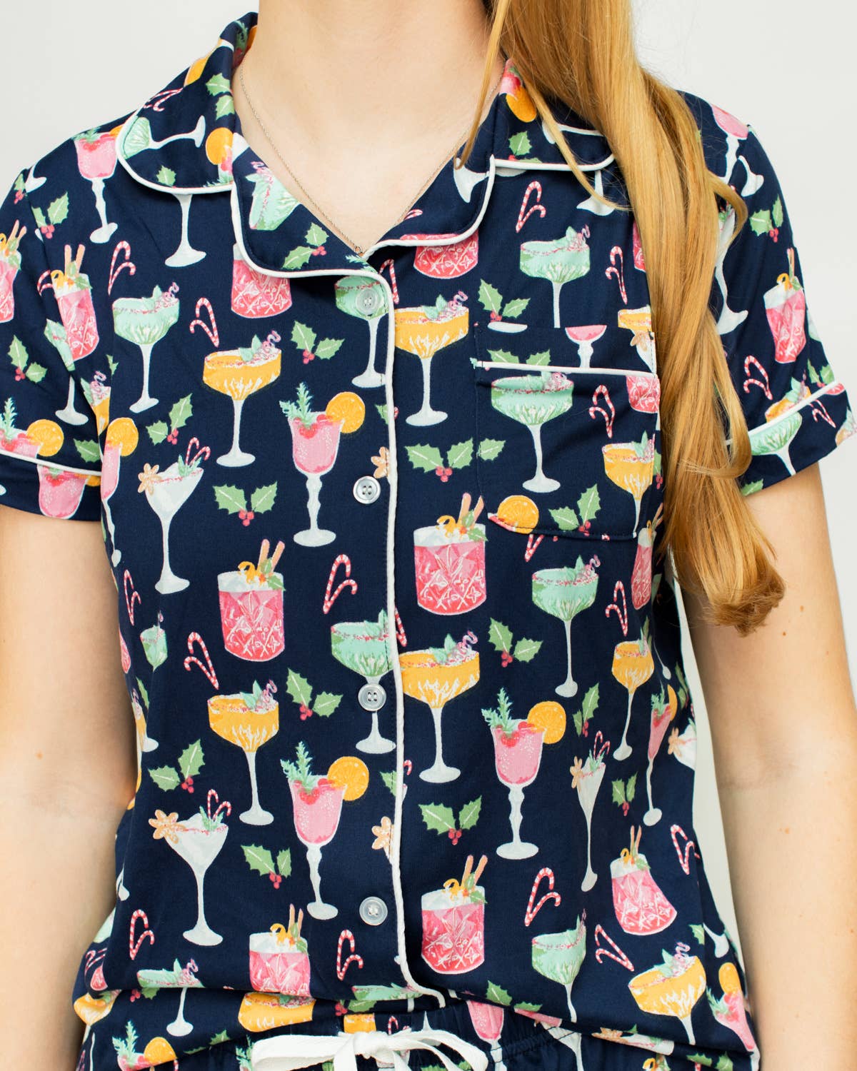 Navy "Fizz the Season" Short Sleeve/Short PJ Set with Christmas cocktails printed