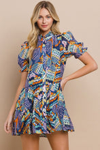 Load image into Gallery viewer, abstract print dress ruffled neckline. Mix of blues, greens &amp; neutral colors
