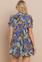 Load image into Gallery viewer, abstract print dress ruffled neckline. Mix of blues, greens &amp; neutral colors
