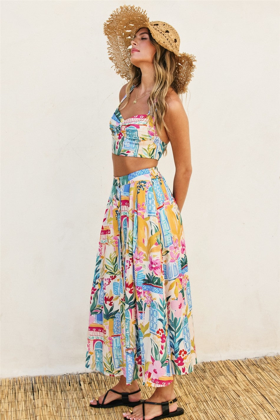 Multi colored Mediterranean Print Front Button Midi Skirt