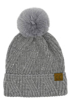 gray sequin beanie with pom