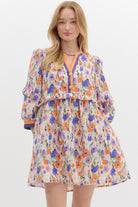 Orange & Purple Floral 3/4 Sleeve Dress