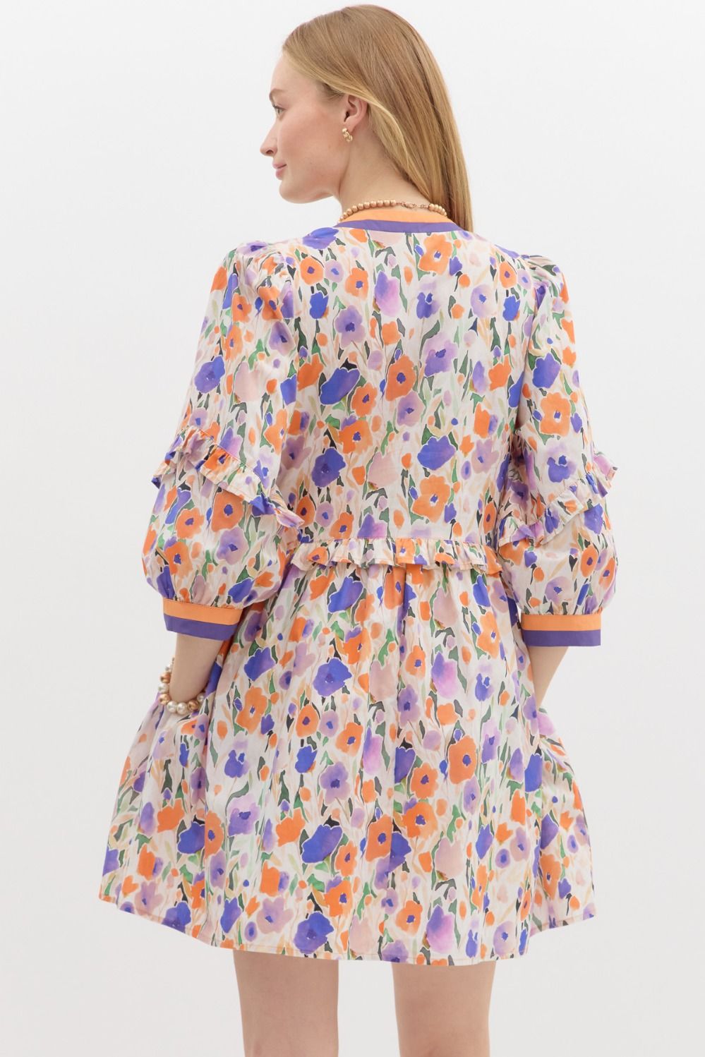 Orange & Purple Floral 3/4 Sleeve Dress