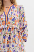 Orange & Purple Floral 3/4 Sleeve Dress