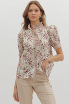 Burgundy Floral Blouse puff short sleeve blouse, ruffle striped trim detail