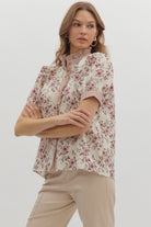 Burgundy Floral Blouse puff short sleeve blouse, ruffle striped trim detail