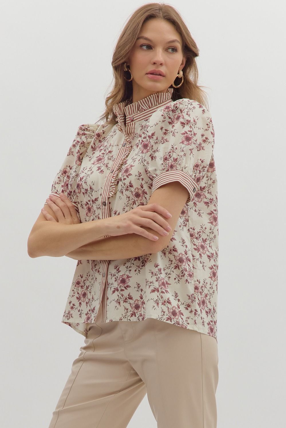 Burgundy Floral Blouse puff short sleeve blouse, ruffle striped trim detail