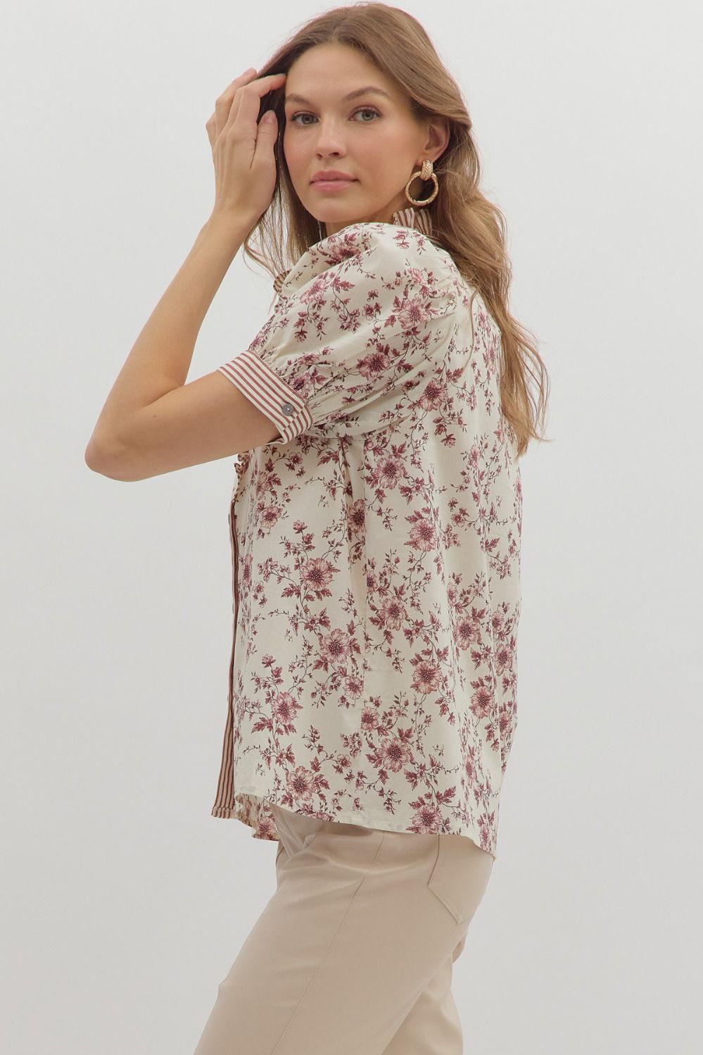 Burgundy Floral Blouse puff short sleeve blouse, ruffle striped trim detail