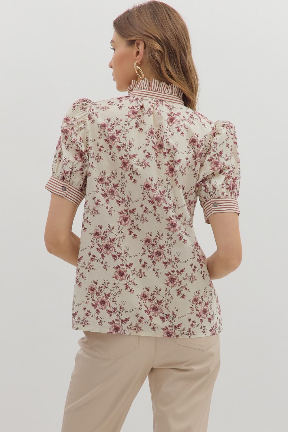 Burgundy Floral Blouse puff short sleeve blouse, ruffle striped trim detail