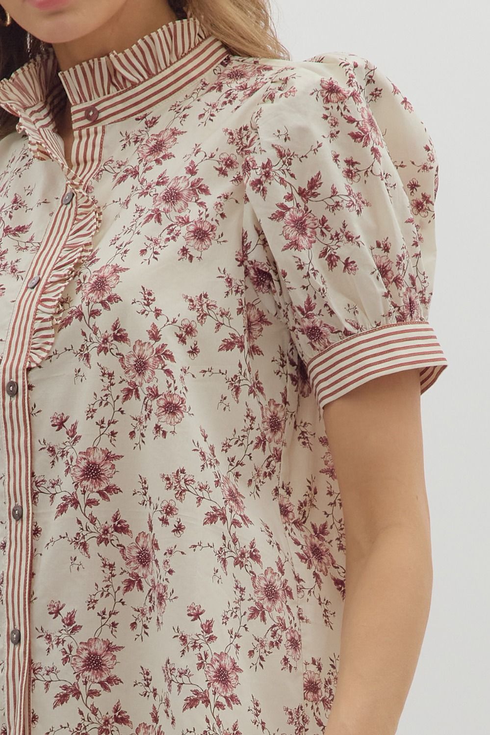 Burgundy Floral Blouse puff short sleeve blouse, ruffle striped trim detail