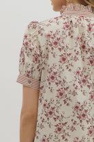 Burgundy Floral Blouse puff short sleeve blouse, ruffle striped trim detail