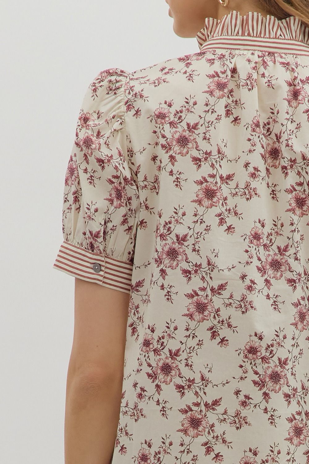 Burgundy Floral Blouse puff short sleeve blouse, ruffle striped trim detail