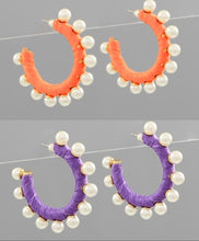 Load image into Gallery viewer, Orange &amp; Purple pearl edge raffia wrapped hoops
