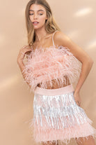 pink ostrich feather tiered top pink & silver feather & sequin skirt