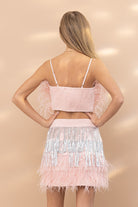 pink ostrich feather tiered top pink & silver feather & sequin skirt
