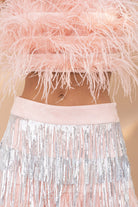 pink ostrich feather tiered top pink & silver feather & sequin skirt