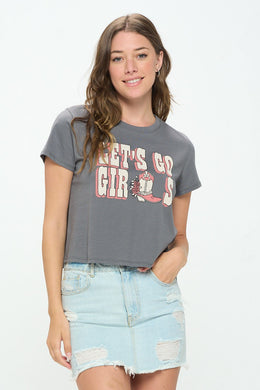 Let's go girls gray graphic cropped tee