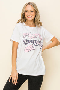 white tee with pink Hey There Cowboy graphic