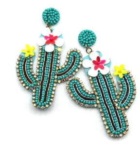 Cactus Floral Seed Bead Earrings-Turquoise